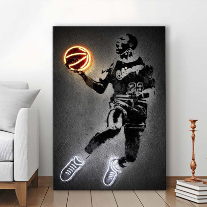 Neon Sign Effect Effect Art MJ Jordan Basketball, Canvas Print, Luxury Wall Art Decor, Modern Art