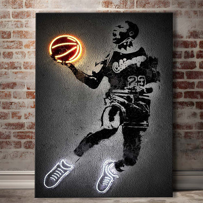 Neon Sign Effect Effect Art MJ Jordan Basketball, Canvas Print, Luxury Wall Art Decor, Modern Art