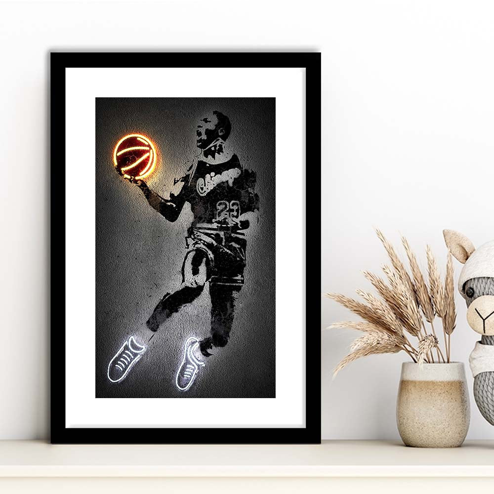 Neon Sign Effect Effect Art MJ Jordan Basketball, Framed Art Print, Luxury Pictures Framed, White Border