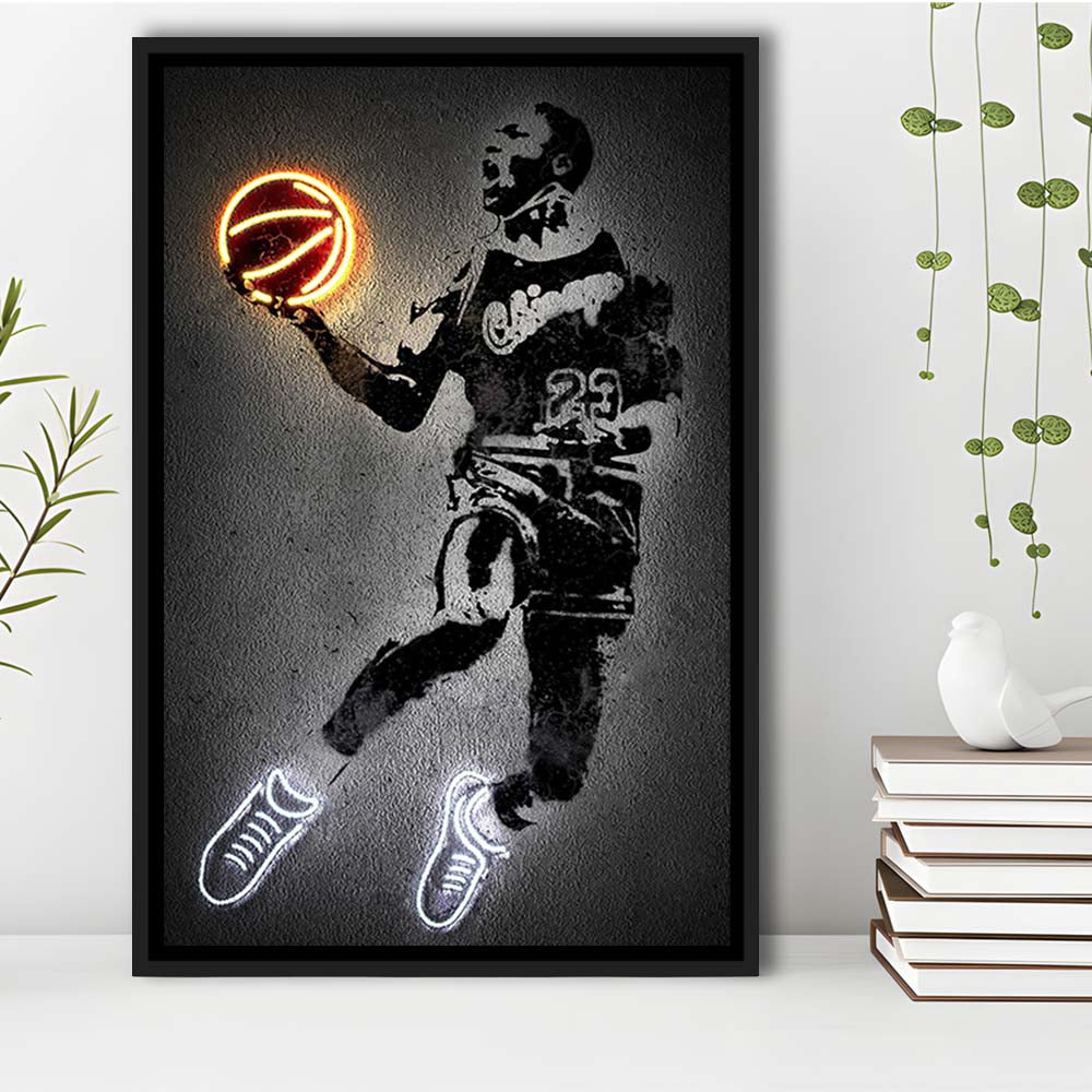 Neon Sign Effect Effect Art MJ Jordan Basketball, Framed Canvas Print, Floating Frame, Luxury Wall Art Decor