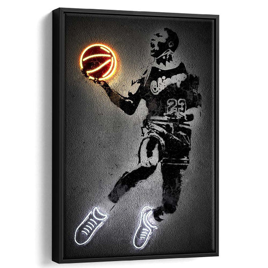 Neon Sign Effect Effect Art MJ Jordan Basketball, Framed Canvas Print, Floating Frame, Luxury Wall Art Decor