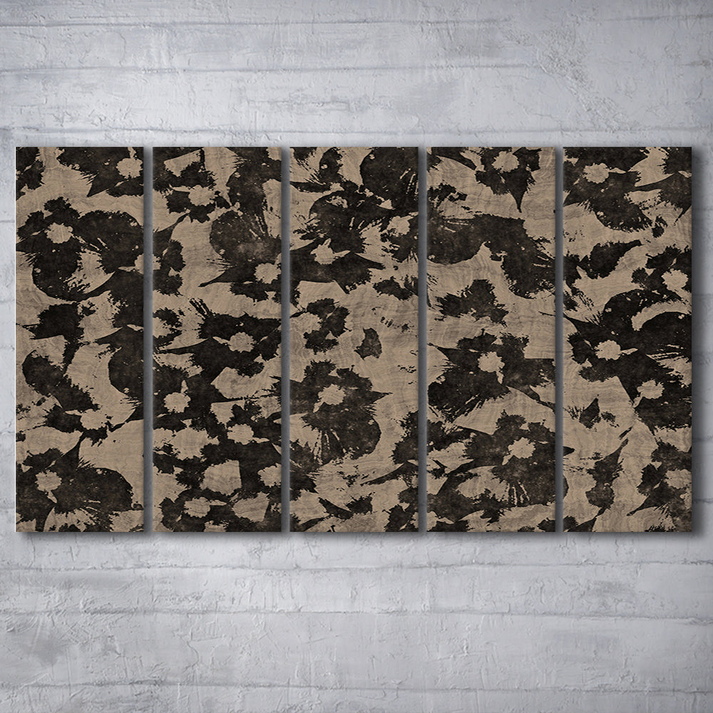 Neutral Abstract Floral Pattern Botanical Japanese 5 Panels Canvas Print Wall Art, Minimalist Large-Scale Botanical