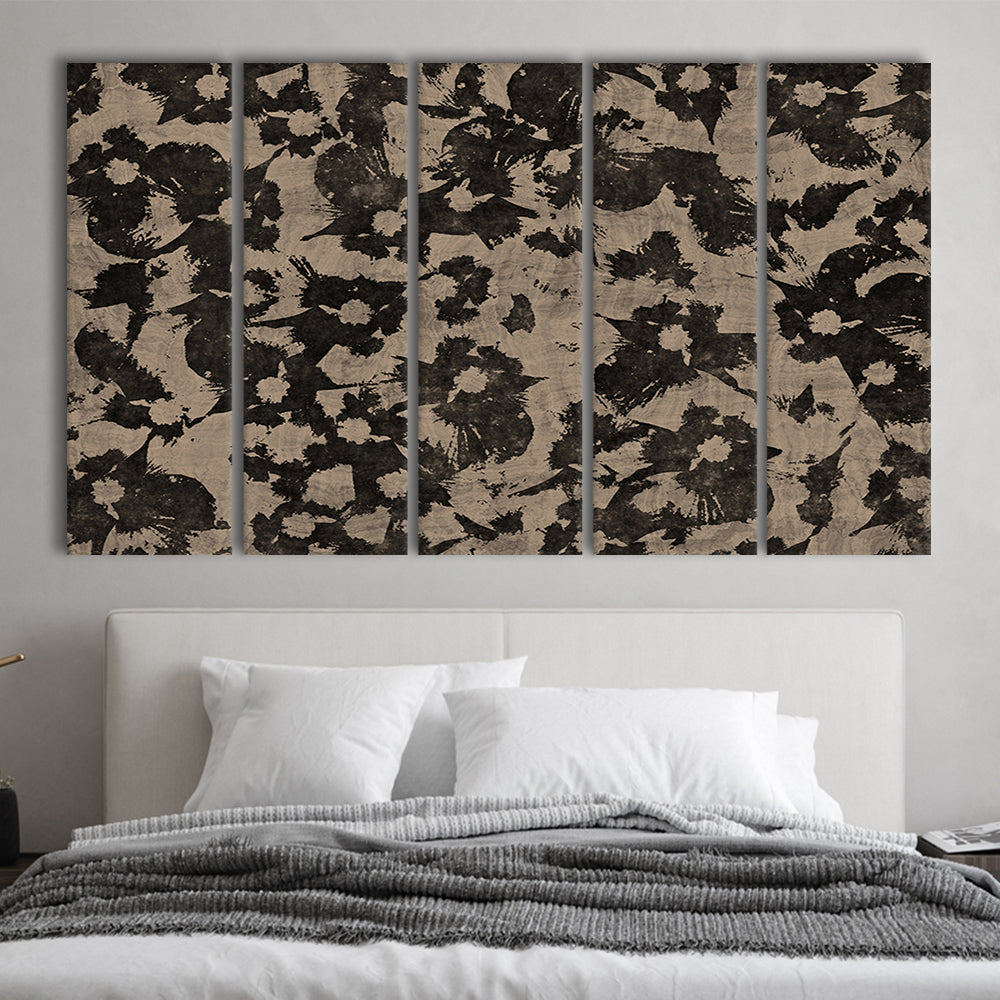 Neutral Abstract Floral Pattern Botanical Japanese 5 Panels Canvas Print Wall Art, Minimalist Large-Scale Botanical