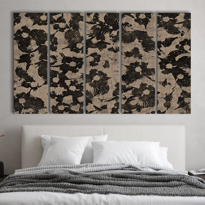 Neutral Abstract Floral Pattern Botanical Japanese 5 Panels Canvas Print Wall Art, Minimalist Large-Scale Botanical
