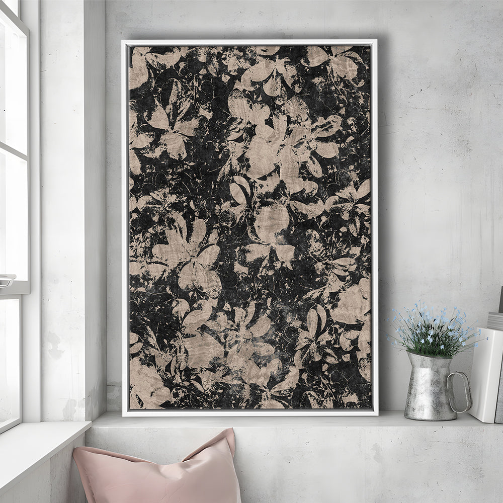 Neutral Abstract Floral Pattern Framed Canvas Print Wall Art, Modern Botanical Minimalist Large-Scale Floral Textile Art