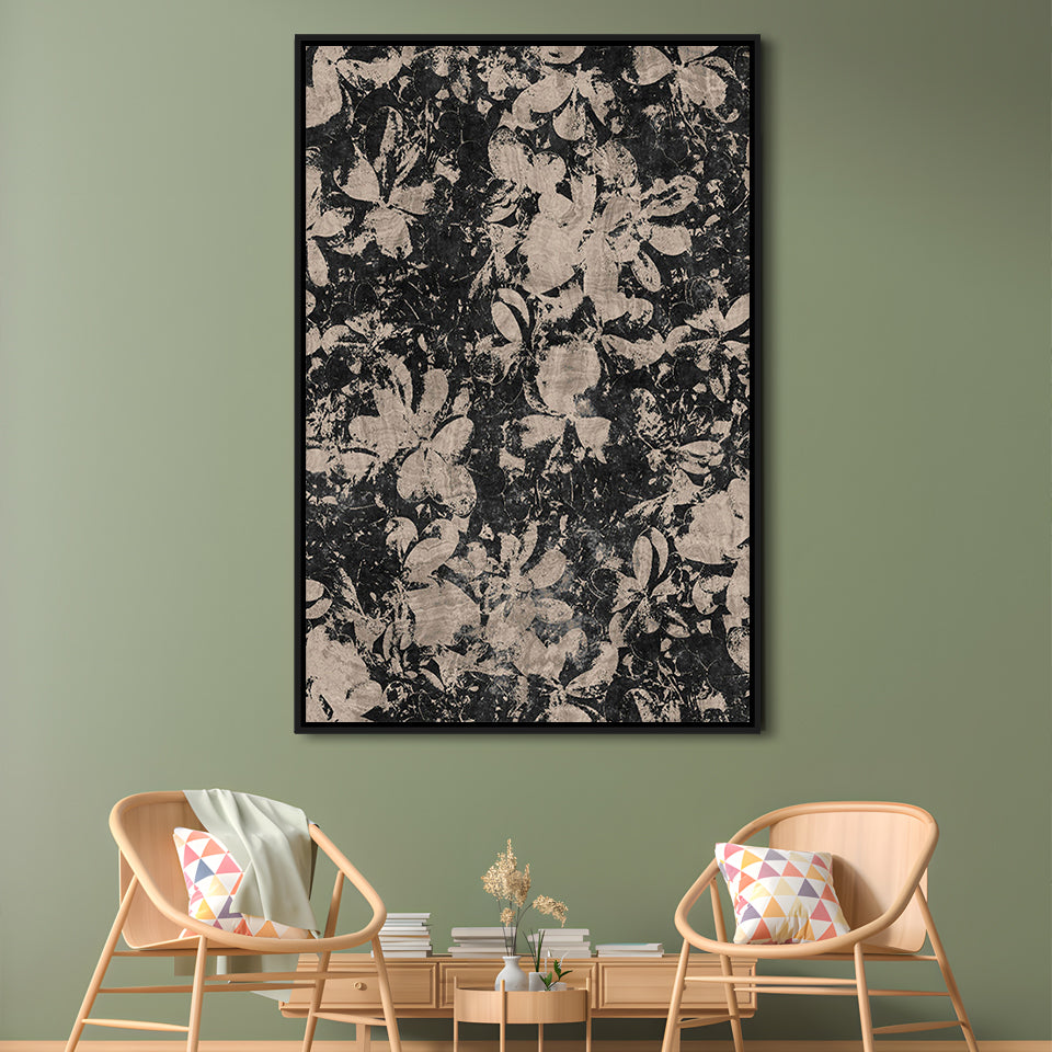 Neutral Abstract Floral Pattern Framed Canvas Print Wall Art, Modern Botanical Minimalist Large-Scale Floral Textile Art