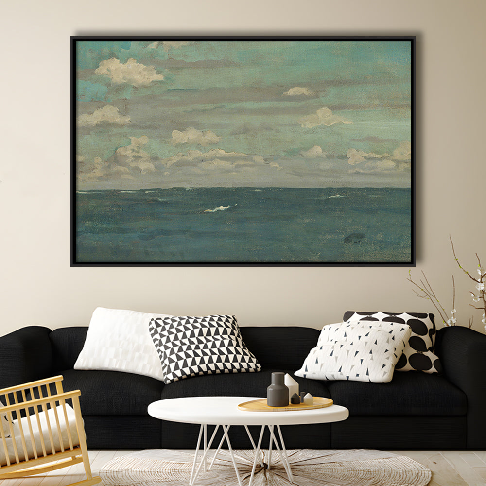 Neutral Seascape Oil Painting Antique Ocean Moody Framed Canvas Print Wall Art, Coastals Gallery Prints, Large Canvas Decor