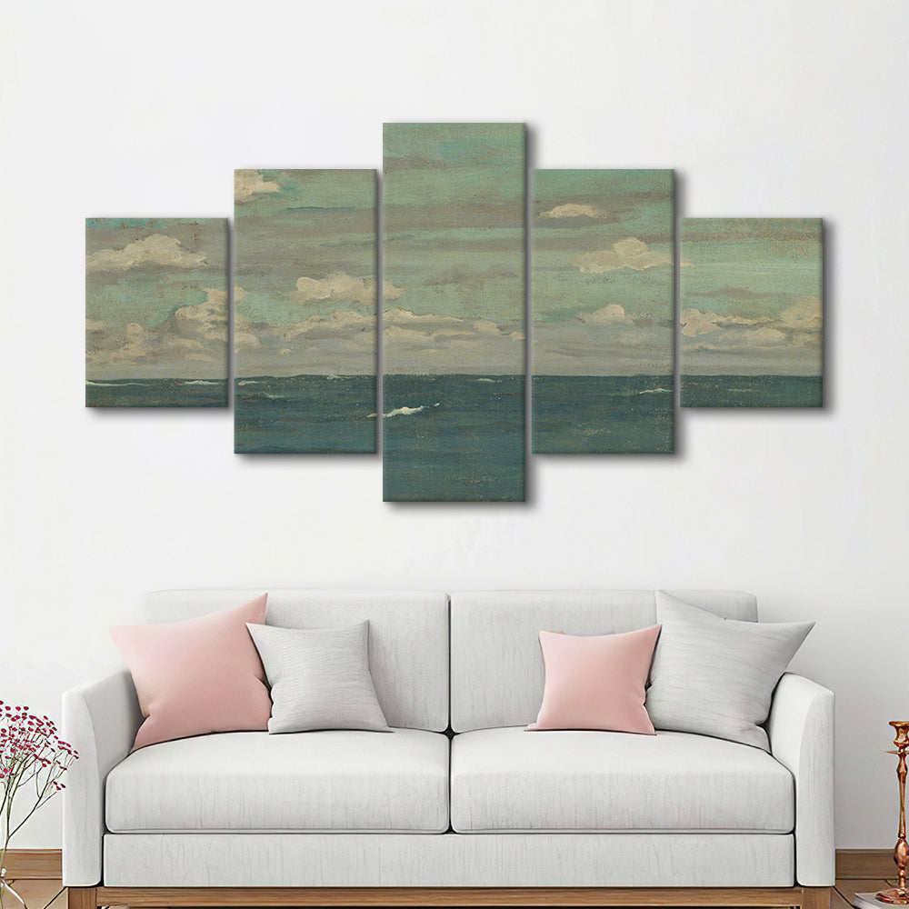 Neutral Seascape Oil Painting Antique Ocean Moody Mixed Canvas Print Wall Art, Coastals Gallery Prints, Large Canvas Decor