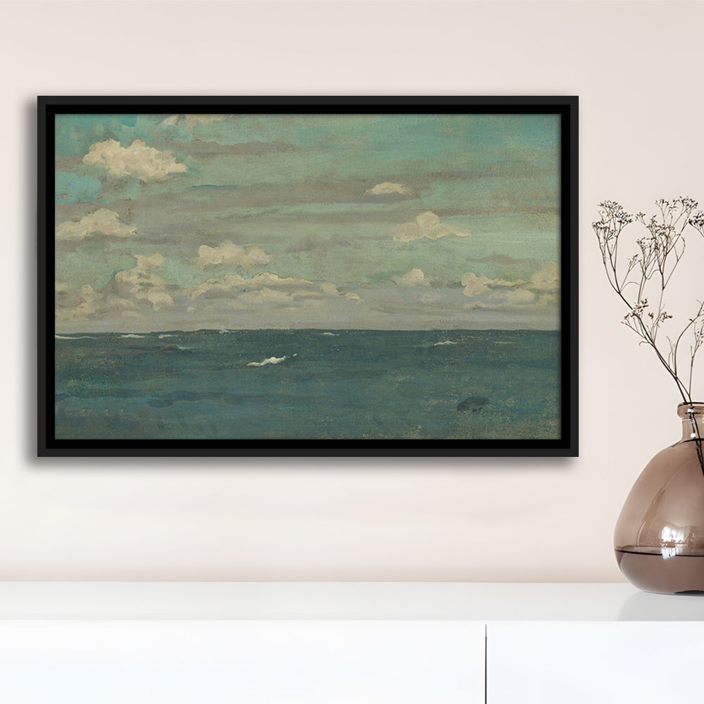 Neutral Seascape Oil Painting Antique Ocean Moody Framed Canvas Print Wall Art, Coastals Gallery Prints, Large Canvas Decor