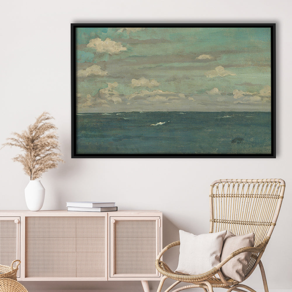 Neutral Seascape Oil Painting Antique Ocean Moody Framed Canvas Print Wall Art, Coastals Gallery Prints, Large Canvas Decor