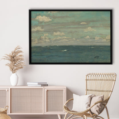 Neutral Seascape Oil Painting Antique Ocean Moody Framed Canvas Print Wall Art, Coastals Gallery Prints, Large Canvas Decor