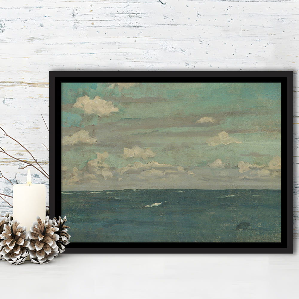 Neutral Seascape Oil Painting Antique Ocean Moody Framed Canvas Print Wall Art, Coastals Gallery Prints, Large Canvas Decor