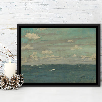 Neutral Seascape Oil Painting Antique Ocean Moody Framed Canvas Print Wall Art, Coastals Gallery Prints, Large Canvas Decor