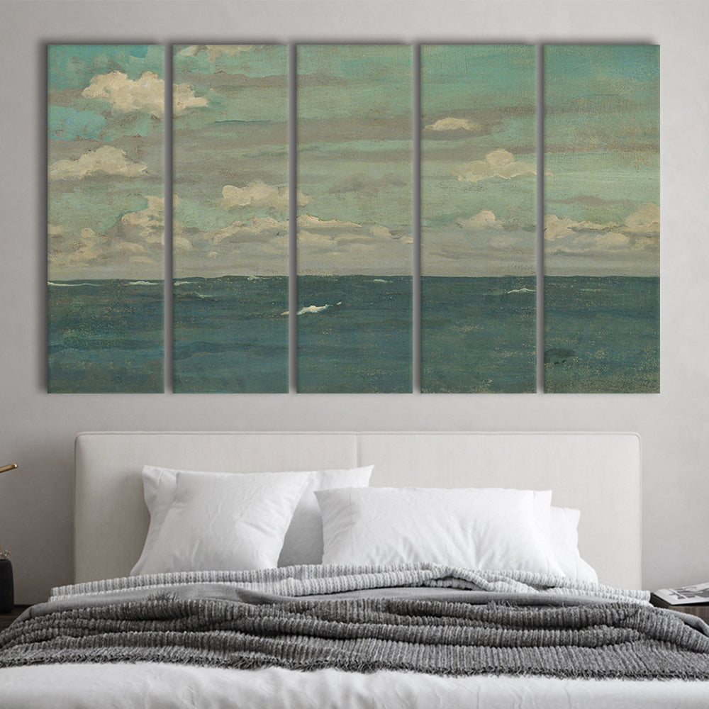 Neutral Seascape Oil Painting Antique Ocean Moody 5 Panels Canvas Print Wall Art, Coastals Gallery Prints, Large Canvas Decor