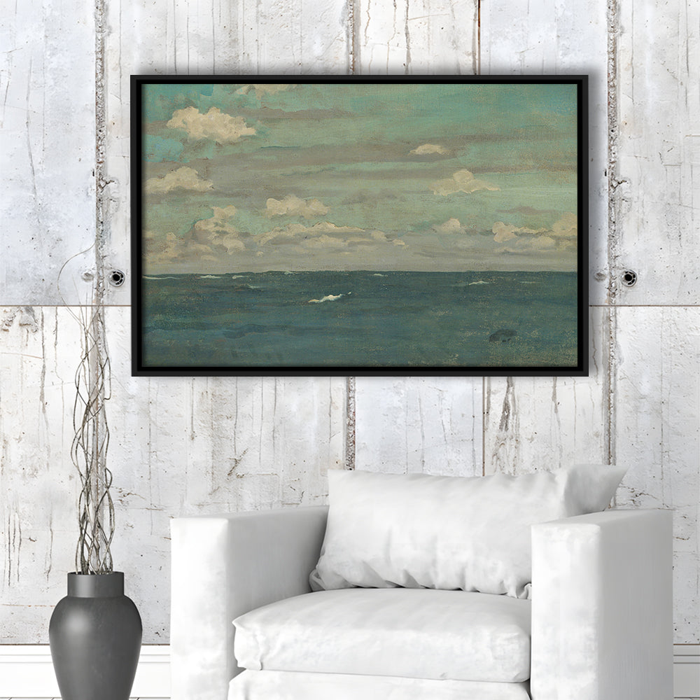 Neutral Seascape Oil Painting Antique Ocean Moody Framed Canvas Print Wall Art, Coastals Gallery Prints, Large Canvas Decor