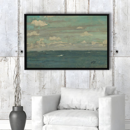 Neutral Seascape Oil Painting Antique Ocean Moody Framed Canvas Print Wall Art, Coastals Gallery Prints, Large Canvas Decor