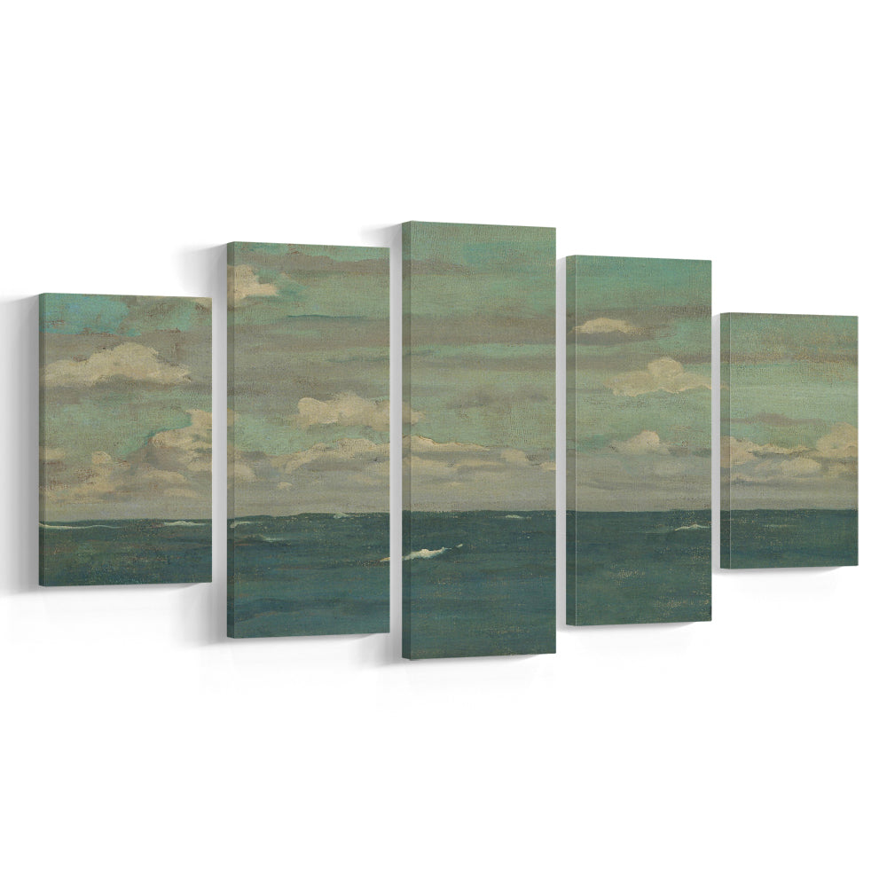 Neutral Seascape Oil Painting Antique Ocean Moody Mixed Canvas Print Wall Art, Coastals Gallery Prints, Large Canvas Decor