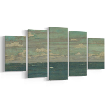 Neutral Seascape Oil Painting Antique Ocean Moody Mixed Canvas Print Wall Art, Coastals Gallery Prints, Large Canvas Decor