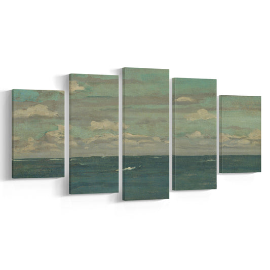 Neutral Seascape Oil Painting Antique Ocean Moody Mixed Canvas Print Wall Art, Coastals Gallery Prints, Large Canvas Decor