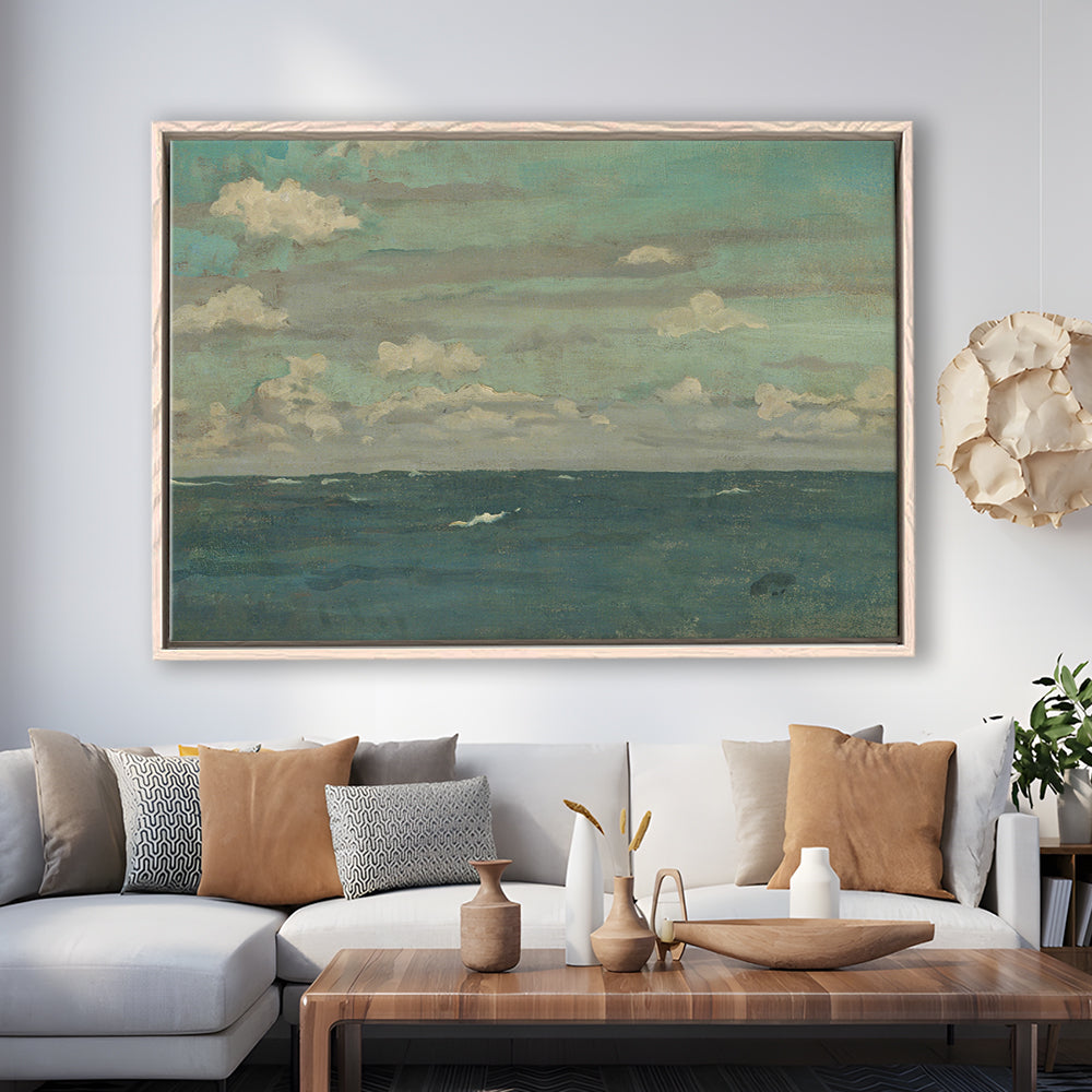 Neutral Seascape Oil Painting Antique Ocean Moody Framed Canvas Print Wall Art, Coastals Gallery Prints, Large Canvas Decor
