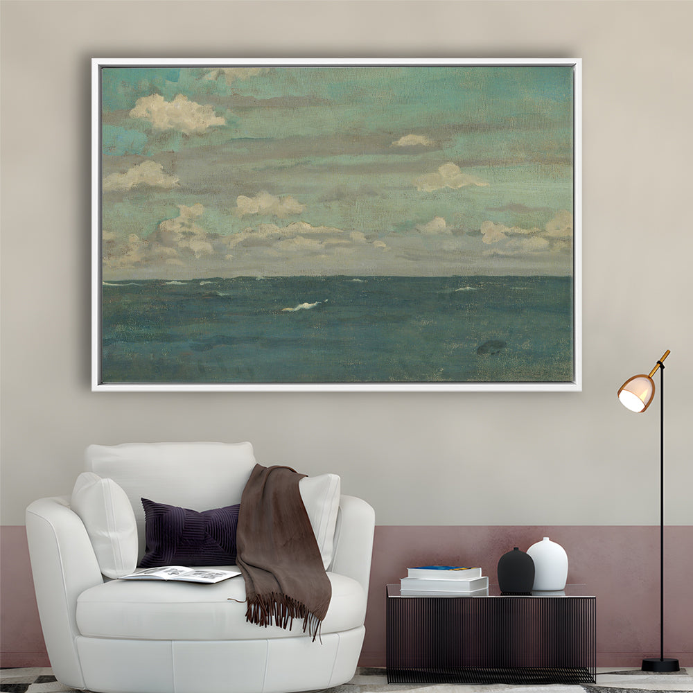 Neutral Seascape Oil Painting Antique Ocean Moody Framed Canvas Print Wall Art, Coastals Gallery Prints, Large Canvas Decor