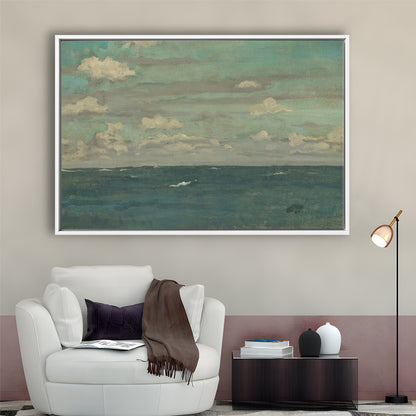 Neutral Seascape Oil Painting Antique Ocean Moody Framed Canvas Print Wall Art, Coastals Gallery Prints, Large Canvas Decor