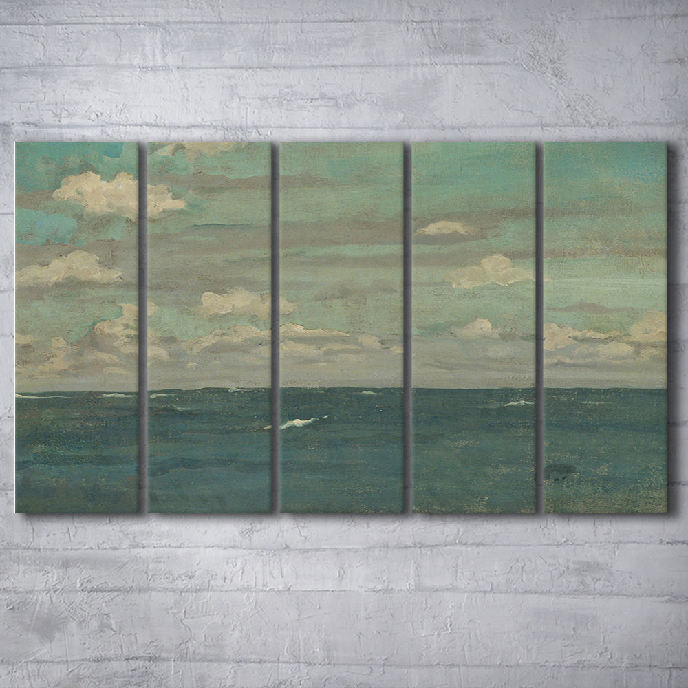 Neutral Seascape Oil Painting Antique Ocean Moody 5 Panels Canvas Print Wall Art, Coastals Gallery Prints, Large Canvas Decor