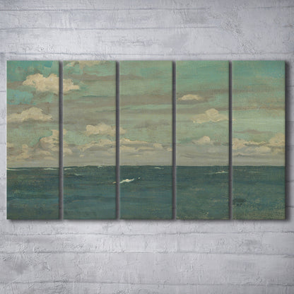 Neutral Seascape Oil Painting Antique Ocean Moody 5 Panels Canvas Print Wall Art, Coastals Gallery Prints, Large Canvas Decor