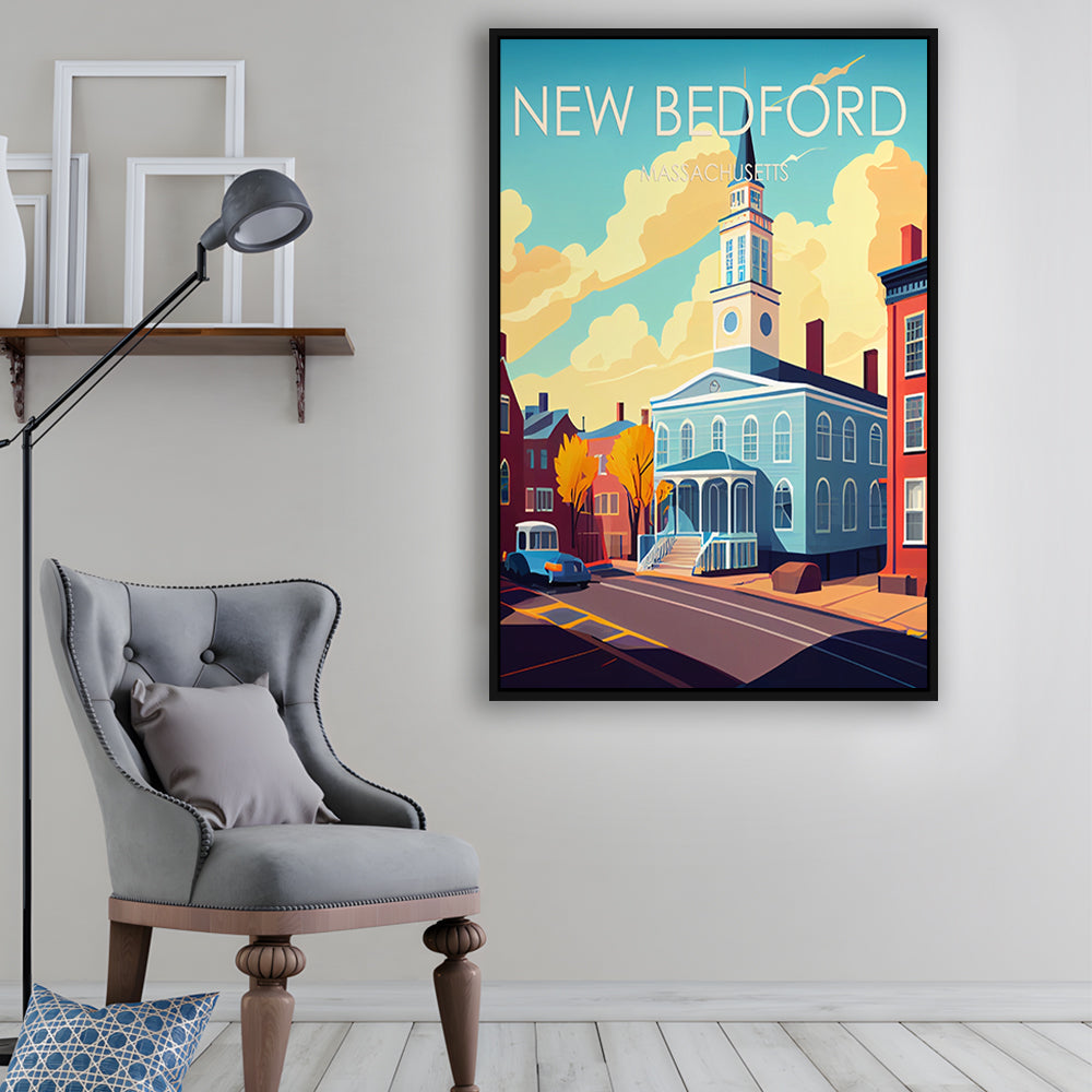 New Bedford MA Retro Art Print, New Bedford City Wall Art, Floating Framed Canvas Print, Framed Picture, Painting Canvas