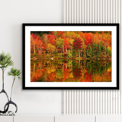 New Hampshire New England White Mountains Echo Lake In Autumn Large Stretched, Framed Art Print White Border