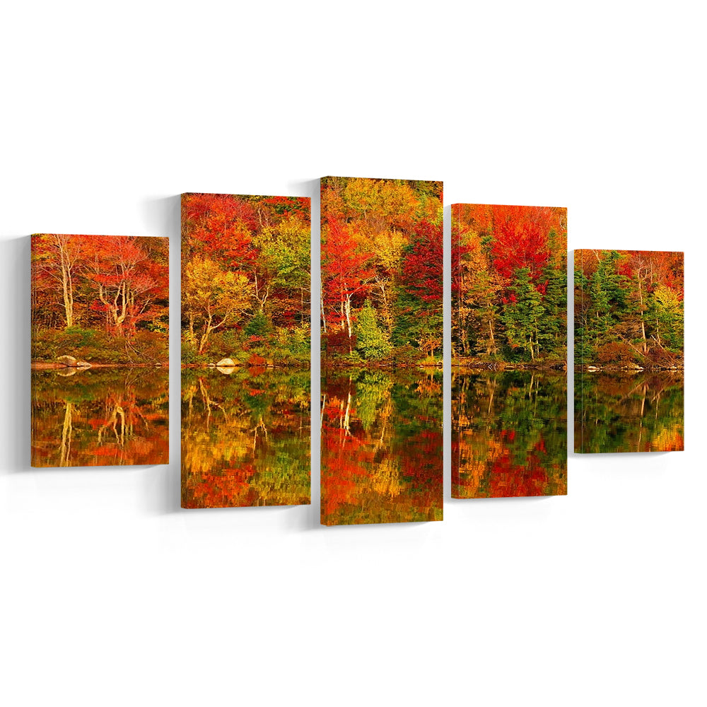 New Hampshire New England White Mountains Echo Lake in autumn Large Stretched Canvas, 5 Piece Large Cavas Print Wall Art