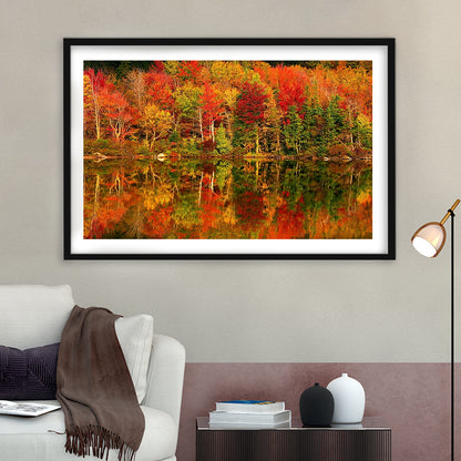 New Hampshire New England White Mountains Echo Lake In Autumn Large Stretched, Framed Art Print White Border