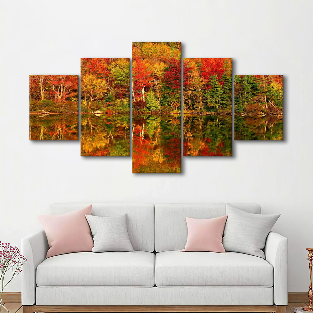 New Hampshire New England White Mountains Echo Lake in autumn Large Stretched Canvas, 5 Piece Large Cavas Print Wall Art