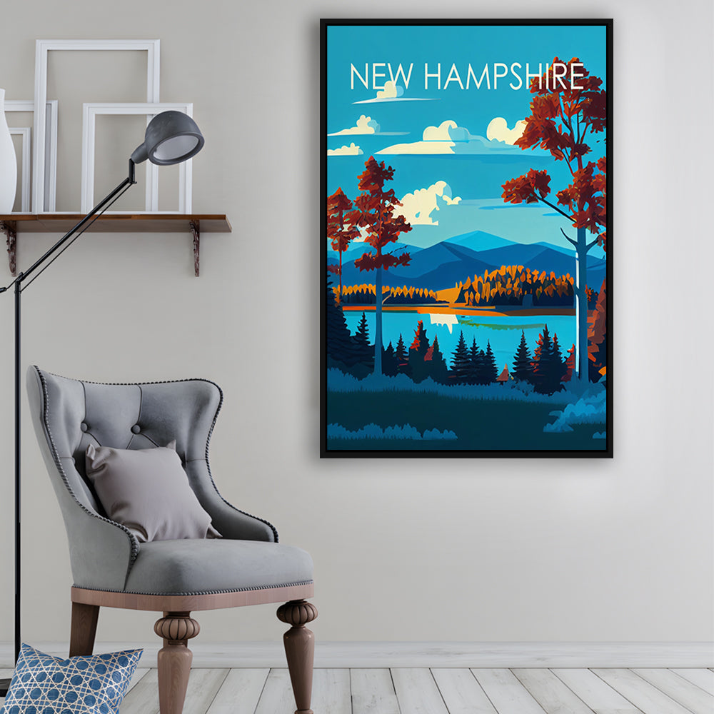 New Hampshire Retro Art Print, New Hampshire Art, Floating Framed Canvas Print, Framed Picture, Painting Canvas
