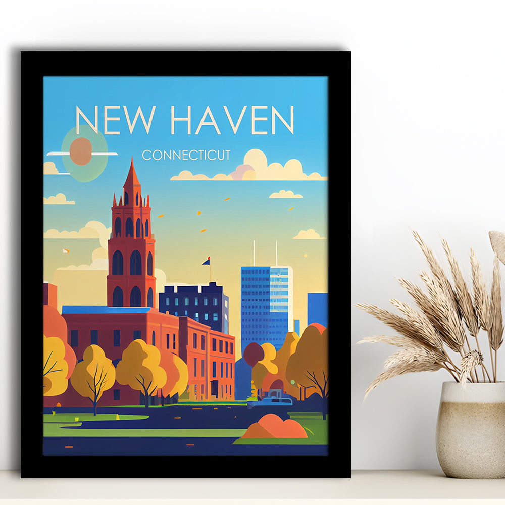 New Haven Connecticut Retro Art Print, New Haven City Wall Art, Framed Art Print, Picture Framed, Painting Art