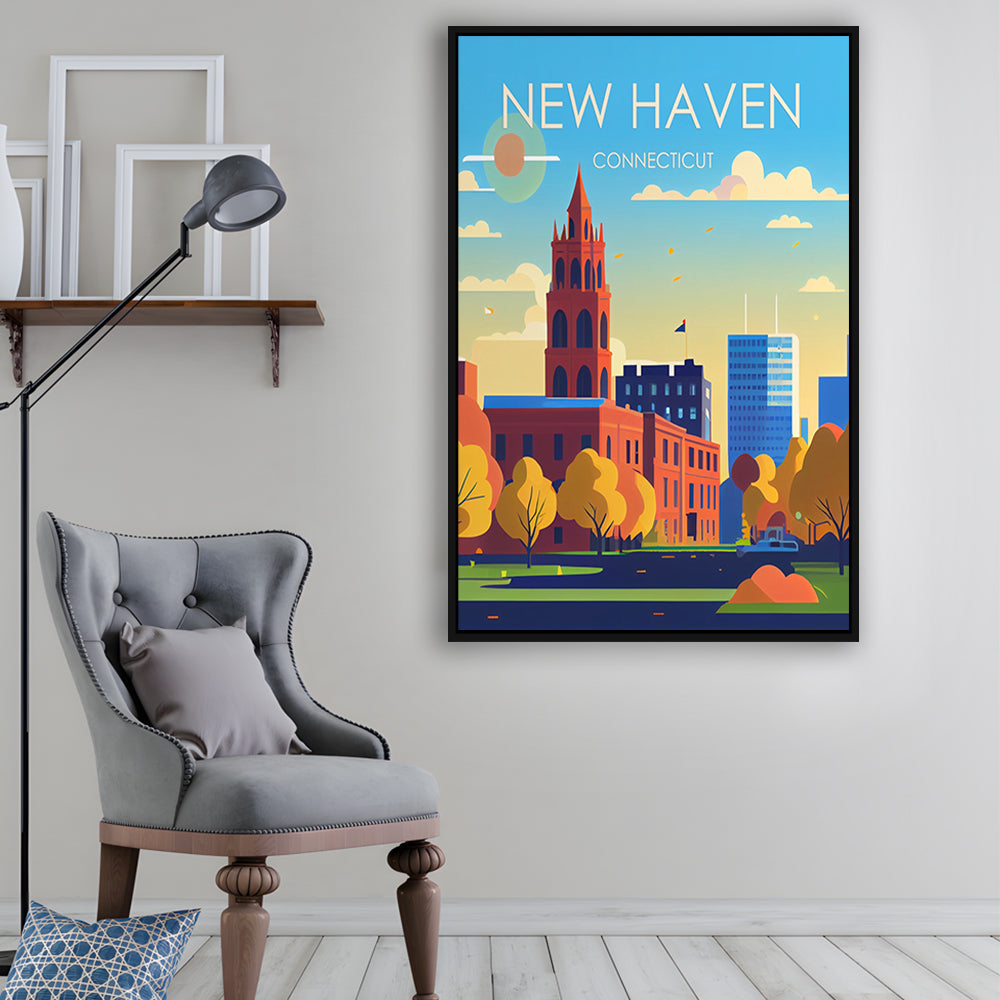 New Haven Connecticut Retro Art Print, New Haven City Wall Art, Floating Framed Canvas Print, Framed Picture, Painting Canvas