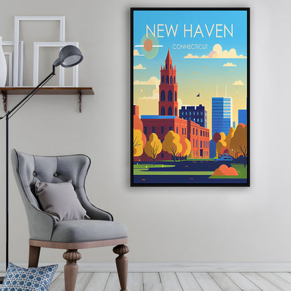 New Haven Connecticut Retro Art Print, New Haven City Wall Art, Floating Framed Canvas Print, Framed Picture, Painting Canvas