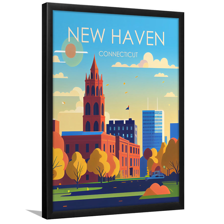 New Haven Connecticut Retro Art Print, New Haven City Wall Art, Framed Art Print, Picture Framed, Painting Art