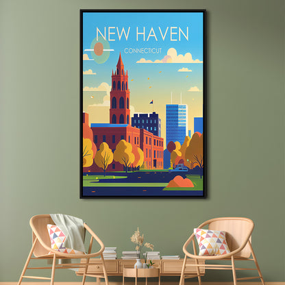 New Haven Connecticut Retro Art Print, New Haven City Wall Art, Floating Framed Canvas Print, Framed Picture, Painting Canvas