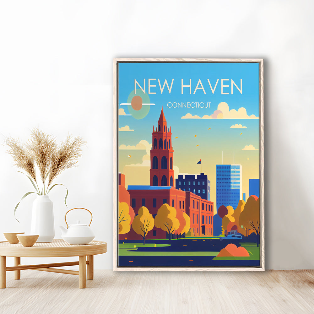 New Haven Connecticut Retro Art Print, New Haven City Wall Art, Floating Framed Canvas Print, Framed Picture, Painting Canvas