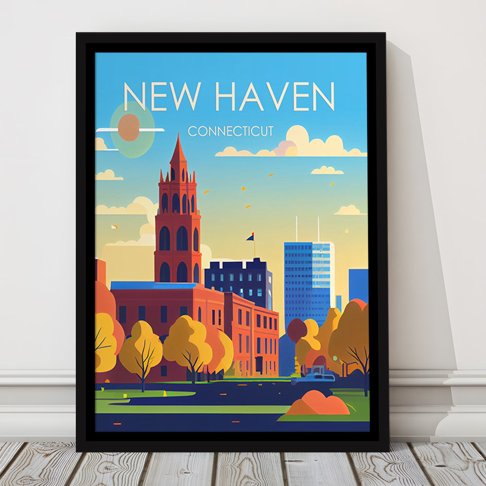 New Haven Connecticut Retro Art Print, New Haven City Wall Art, Floating Framed Canvas Print, Framed Picture, Painting Canvas