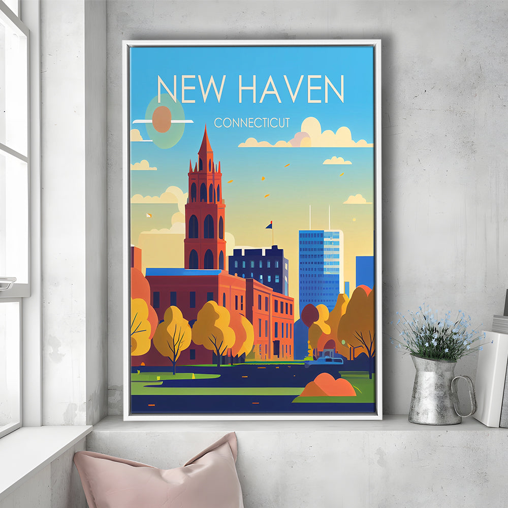 New Haven Connecticut Retro Art Print, New Haven City Wall Art, Floating Framed Canvas Print, Framed Picture, Painting Canvas