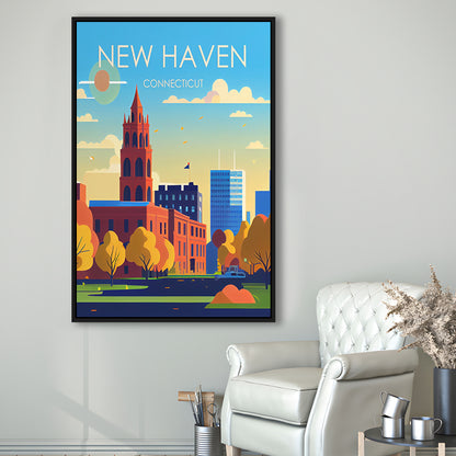 New Haven Connecticut Retro Art Print, New Haven City Wall Art, Floating Framed Canvas Print, Framed Picture, Painting Canvas