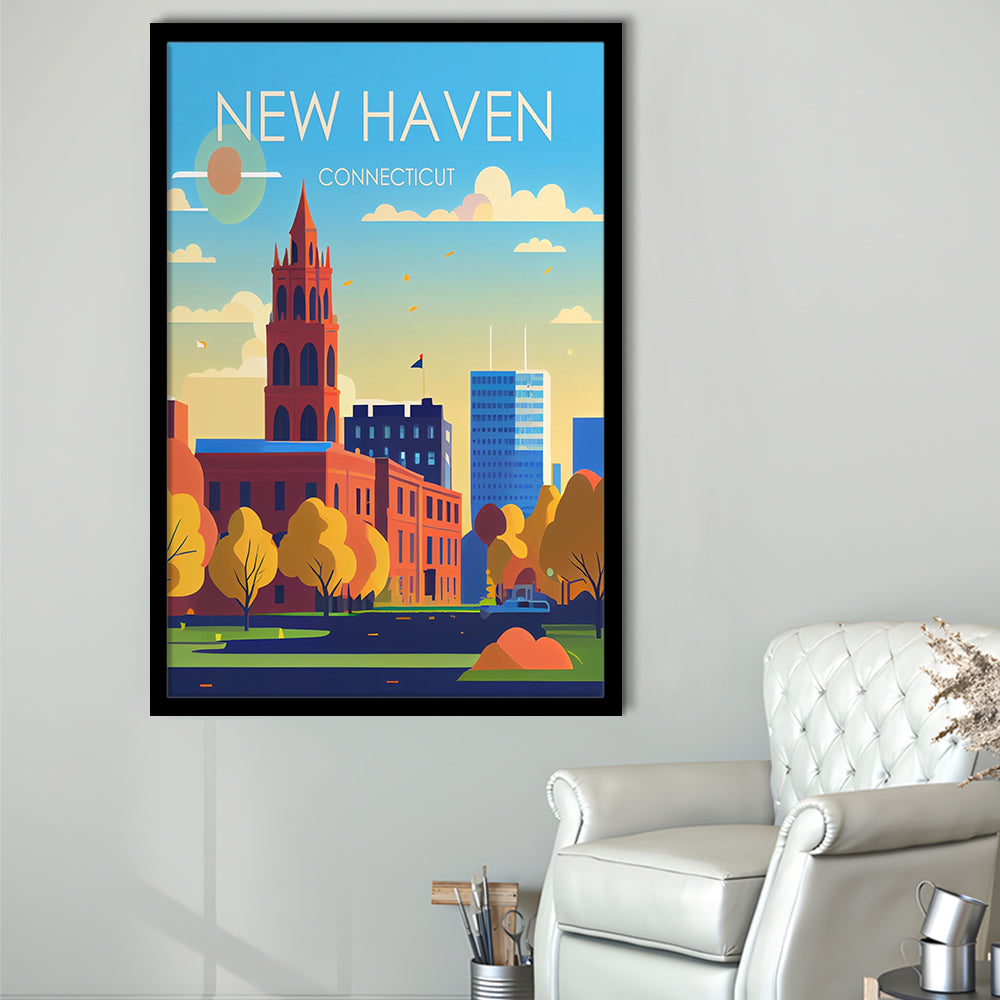 New Haven Connecticut Retro Art Print, New Haven City Wall Art, Framed Art Print, Picture Framed, Painting Art