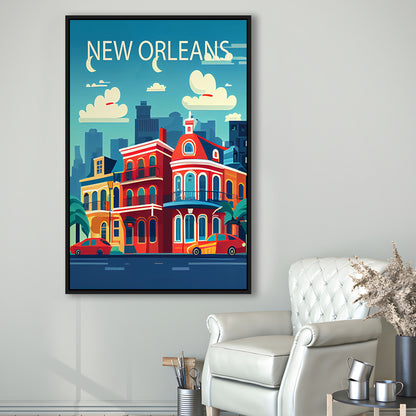 New Orleans Retro Art Print, New Orleans City Wall Art, Floating Framed Canvas Print, Framed Picture, Painting Canvas