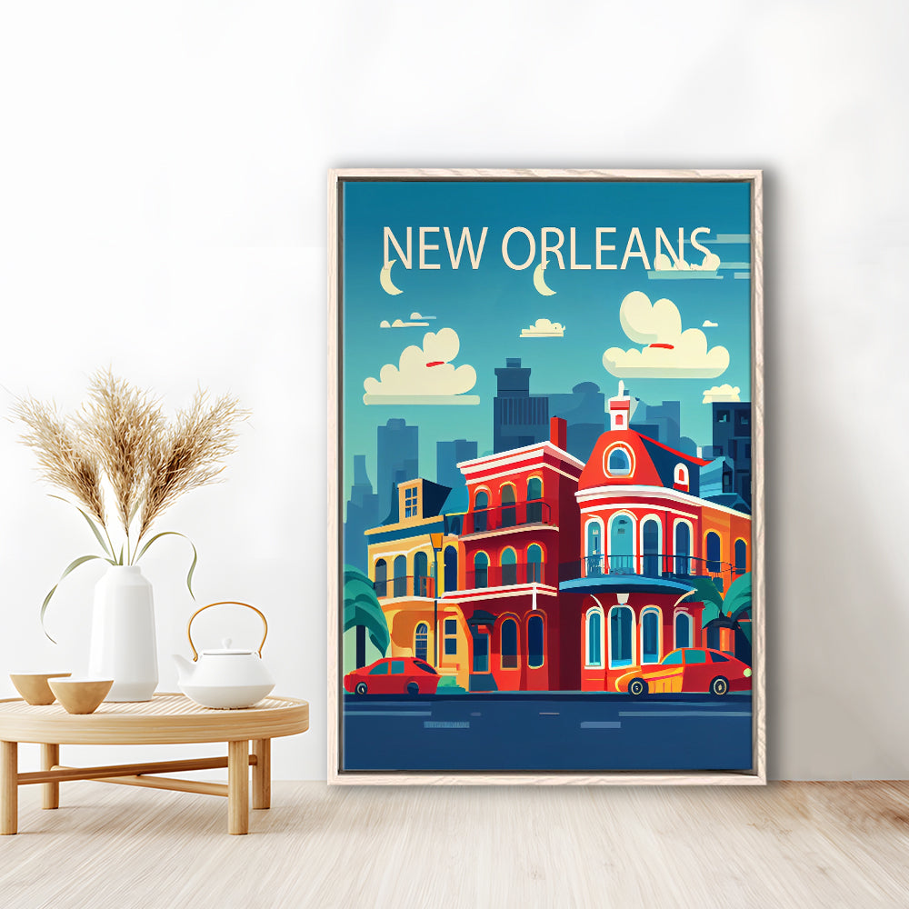 New Orleans Retro Art Print, New Orleans City Wall Art, Floating Framed Canvas Print, Framed Picture, Painting Canvas