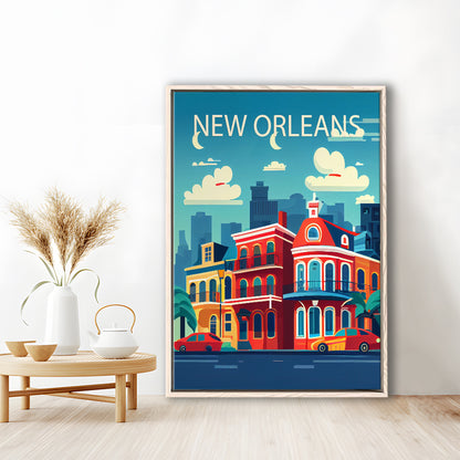 New Orleans Retro Art Print, New Orleans City Wall Art, Floating Framed Canvas Print, Framed Picture, Painting Canvas