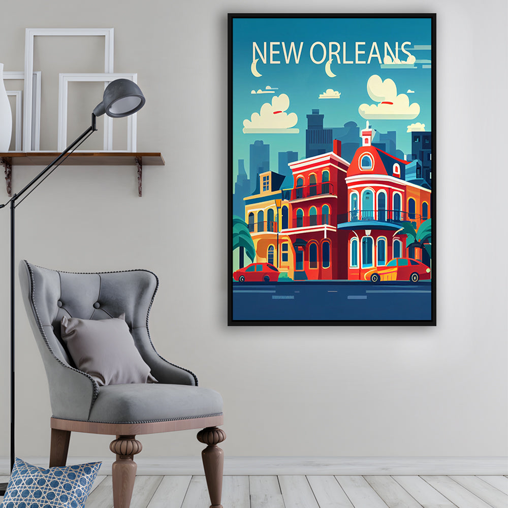 New Orleans Retro Art Print, New Orleans City Wall Art, Floating Framed Canvas Print, Framed Picture, Painting Canvas
