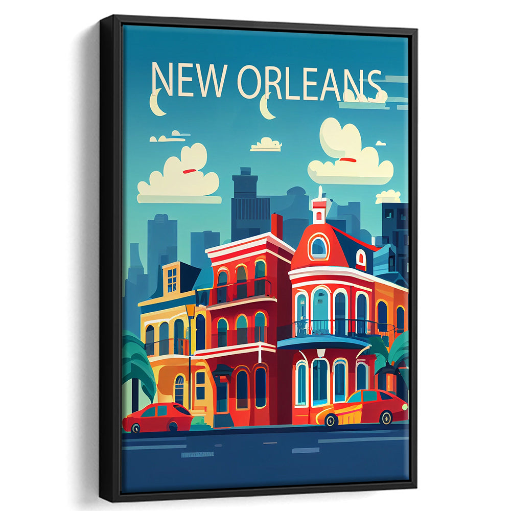 New Orleans Retro Art Print, New Orleans City Wall Art, Floating Framed Canvas Print, Framed Picture, Painting Canvas