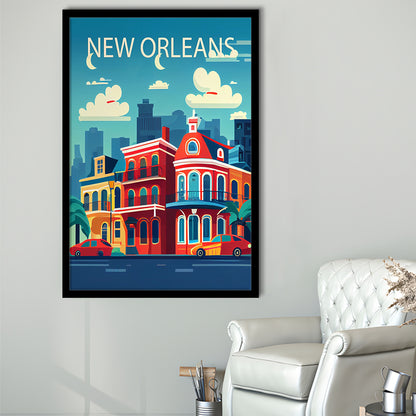 New Orleans Retro Art Print, New Orleans City Wall Art, Framed Art Print, Picture Framed, Painting Art